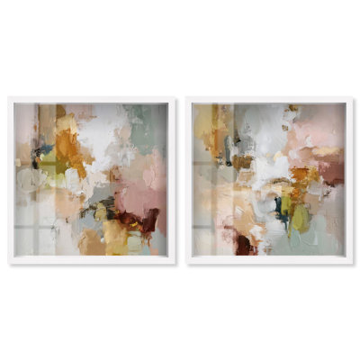 Swirl of Joy Set Shadowbox Print Neutral Wall Decor Set by Art Remedy, White Frame, 40 x 40