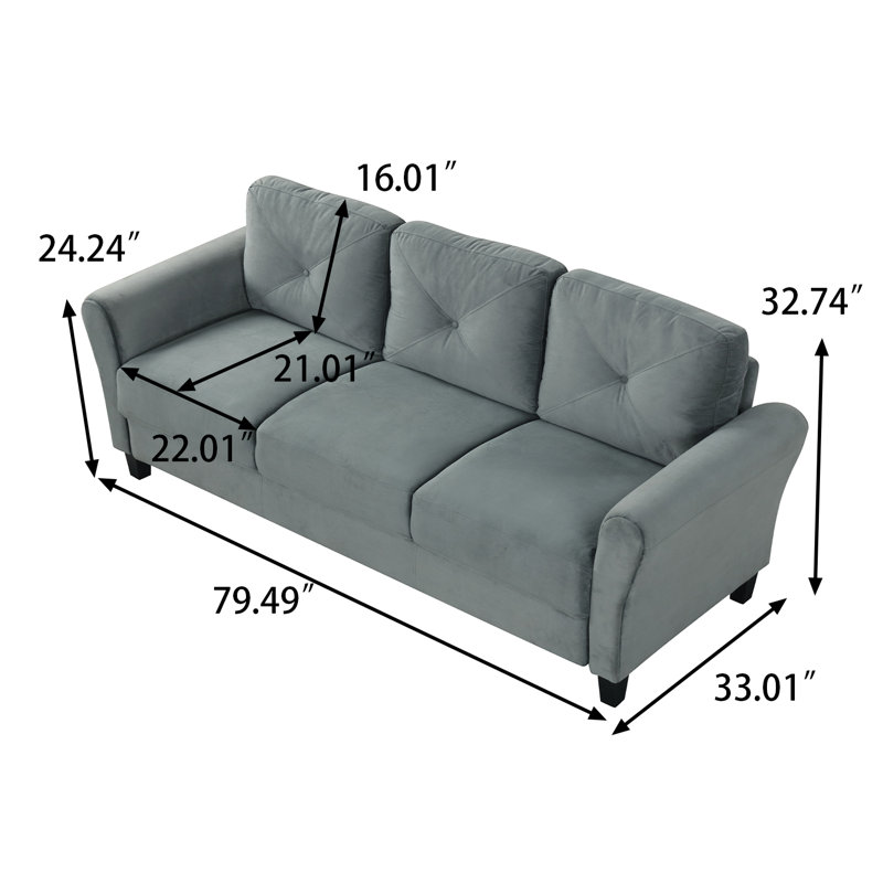 Canapé moderne rembourré à trois places avec tissu en velours pour salon ou appartement, Gris