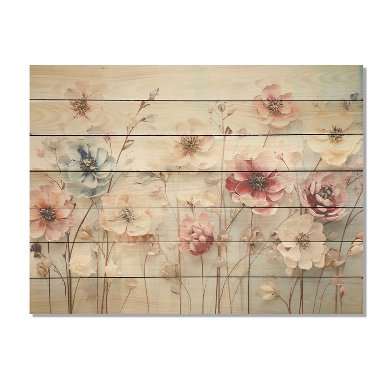 Motif floral blanc et rose - imprimé floral sur bois, H 30 po x l 40 po