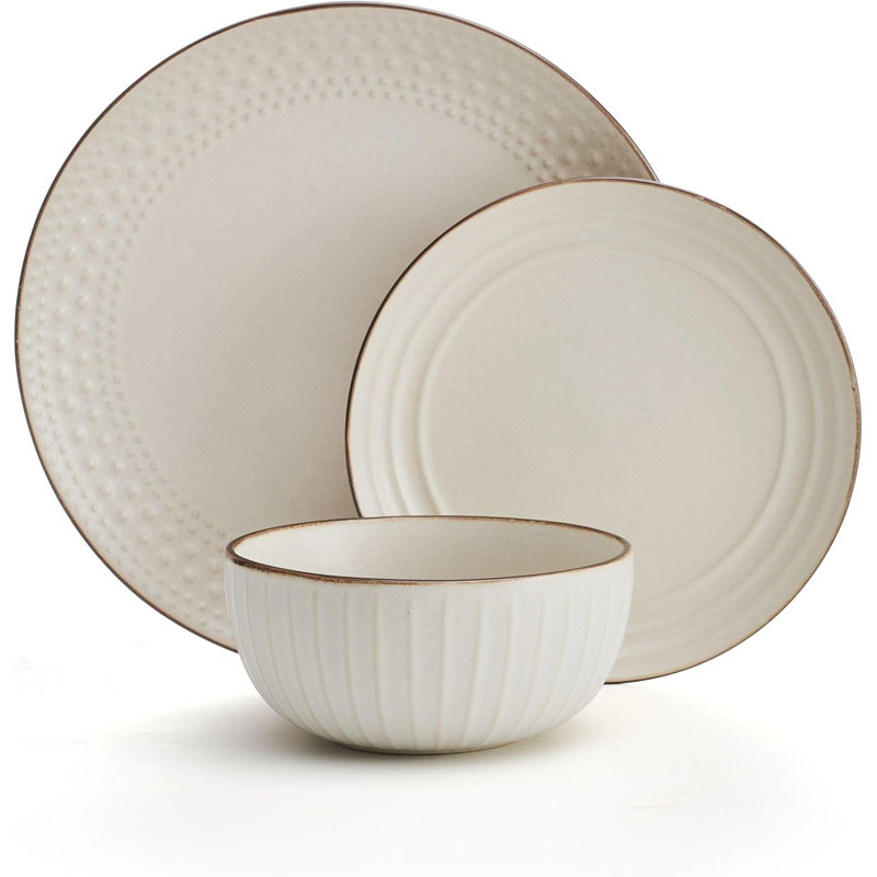 Beige Ceramic 12-Piece Dinnerware Set with Beaded Design