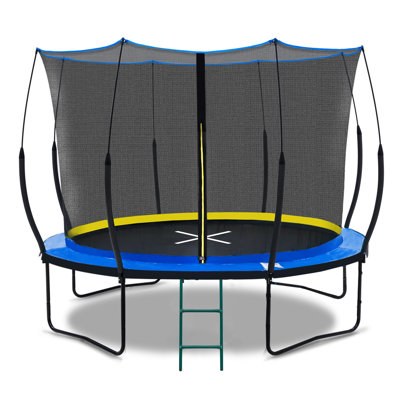 YC 10FT Outdoor Trampoline with Inner Safety Net, Blue Steel Frame & Fiberglass Poles