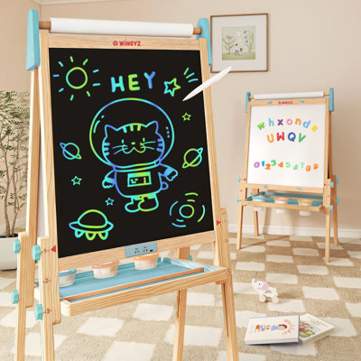 24" LCD Art Easel for Kids - Wooden Art Station for Ages 3-12 Color Drawing Tablet, Height Adjustable,Blue Light-Free Screen, Whiteboard & Paper Roll, Mess-Free Creative Gift for Home & School