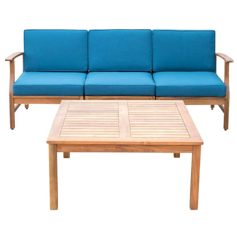 Perla 3 Seater Sofa And Table Set, Blue, Natural Wood