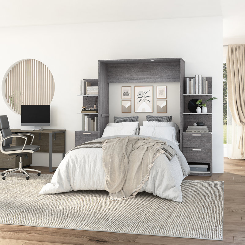 Lit escamotable avec tables de chevet et tablettes flottantes Osterman, Grand, Brun rustique et blanc