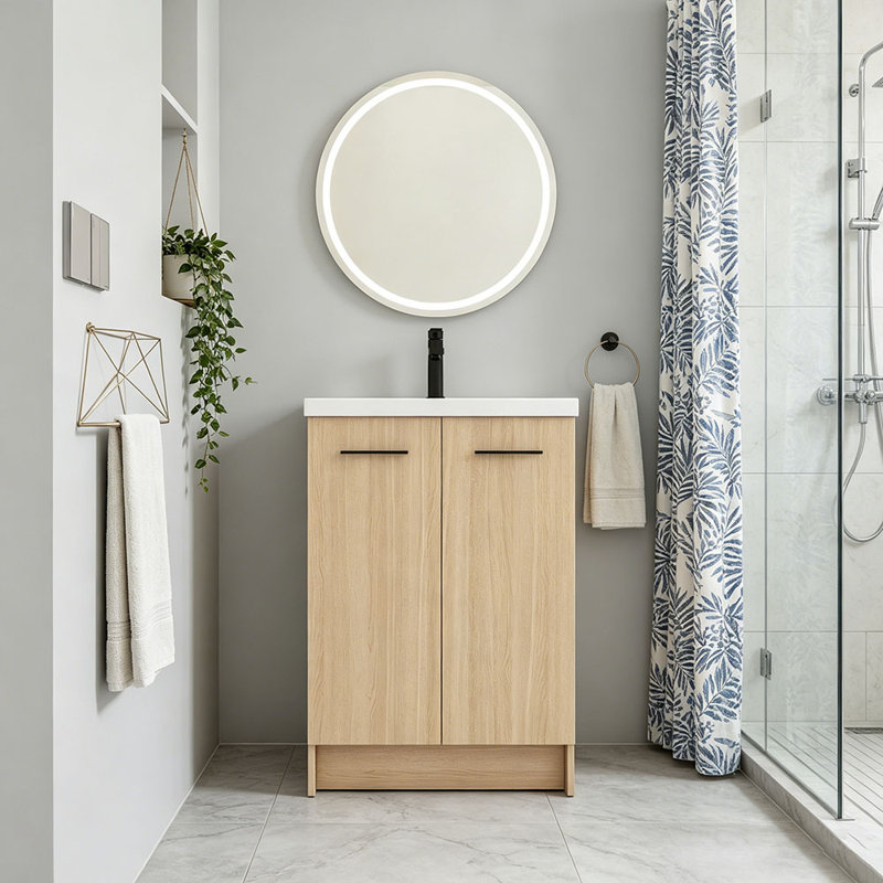 Meuble-lavabo autoportant de 24 po avec lavabo en résine, chêne clair, rangement à double porte, prêt-à-assembler, avec poignées en aluminium noir et brossé