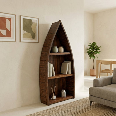 Bibliothèque en bois massif en forme de bateau - basse - café clair