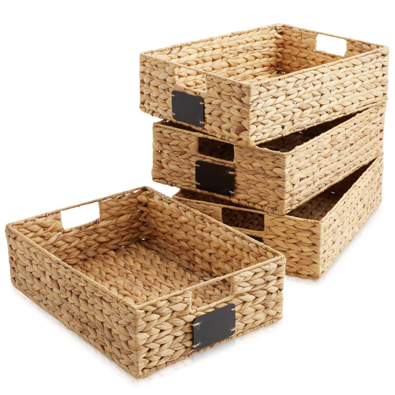 Water Hyacinth Pantry Baskets with Chalkboard Labels and Chalk Marker,Storage Baskets,Set of 4