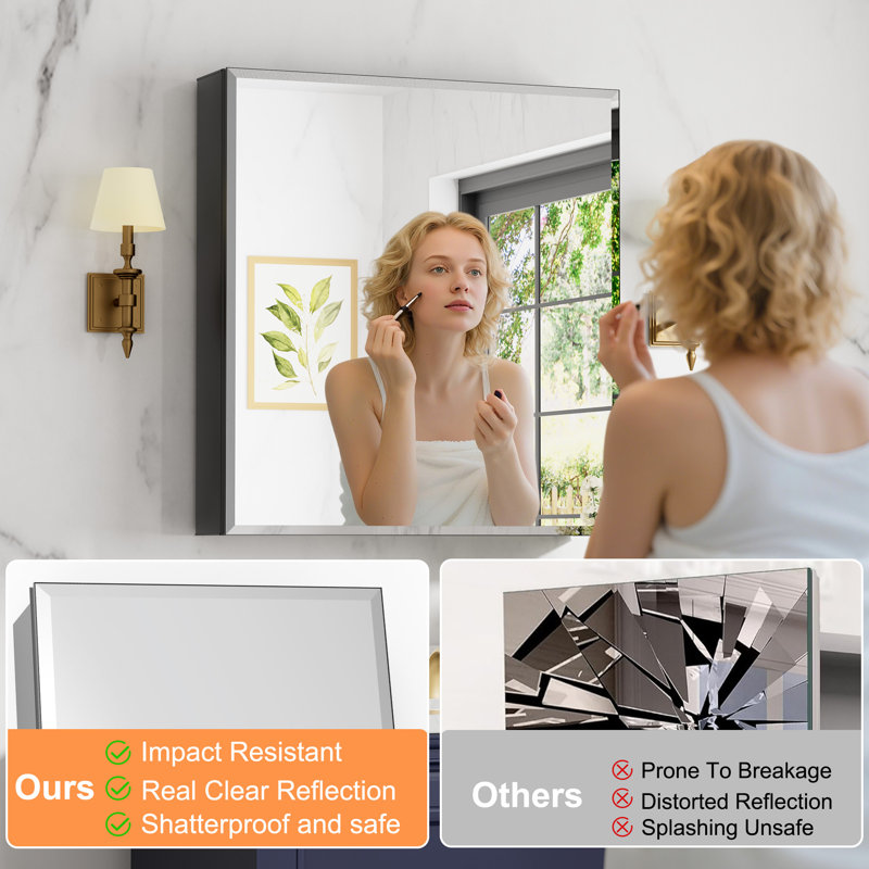  28'' W x 30'' H Aluminum Framed Medicine Cabinet with Mirror, Recessed or Surface Mount Bathroom Vanity Cabinet with Adjustable Tempered Glass Shelf, Large Storage Space (Black)