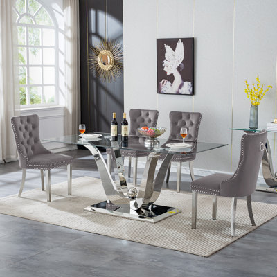 Glass Dining Table Set, Dining Table with Velvet Dining Chairs, 70" Glass Dining Table Set, Kitchen Table and Chairs with Stainless Steel Base for Kitchen Dining Room