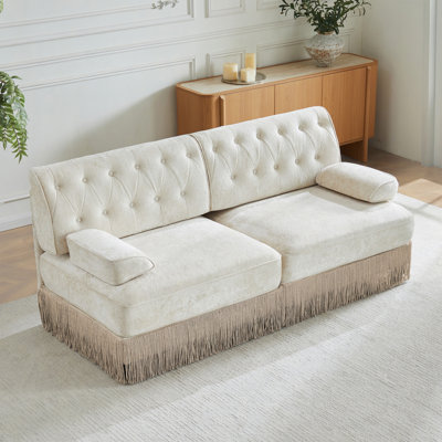 Canapé de style Chesterfield en velours doux, conception capitonnée à boutons, jupe de frange à franges sur le plancher, facile à assembler, combinaison libre, pour les salons