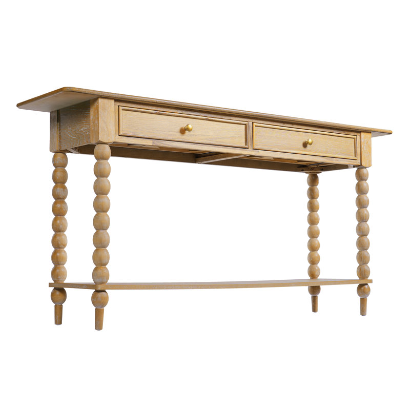 Console rétro avec 2 tiroirs, tablette et pieds sphériques Liora, Naturel