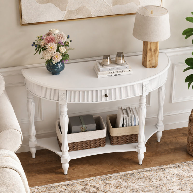 Console demi-lune avec tiroir et tablette ouverte, table d'entrée étroite pour le salon, table d'appoint décorative avec détails sculptés et rangement