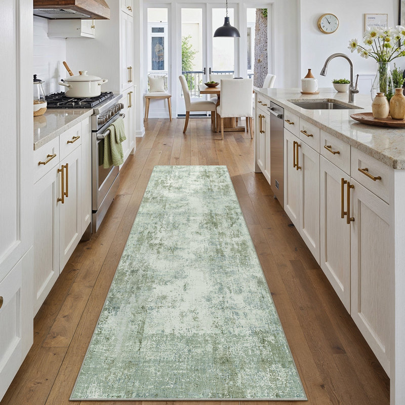 Tapis moderne lavable abstrait vert clair, Tapis de couloir 2 pi x 8 pi, Vert clair
