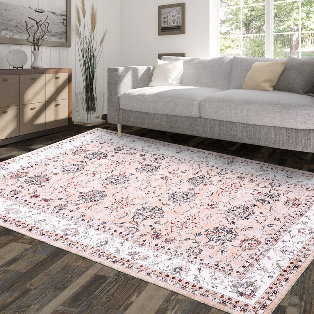 Machine Washable Rug, Vintage Design Rug with Non-Slip for Living Room, Bedroom, Floral Print Rug, Dirt-Repellent, Home Decoration
