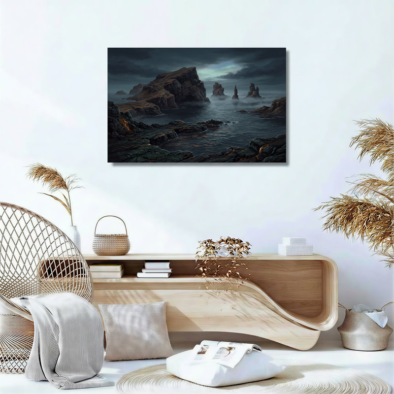 Tableau sur toile représentant des rochers sombres et déchiquetés aux fissures orange brillantes dans un océan brumeux