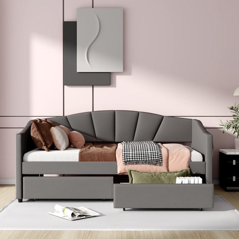 Modern Upholstered Daybed with Two Drawers, Gray