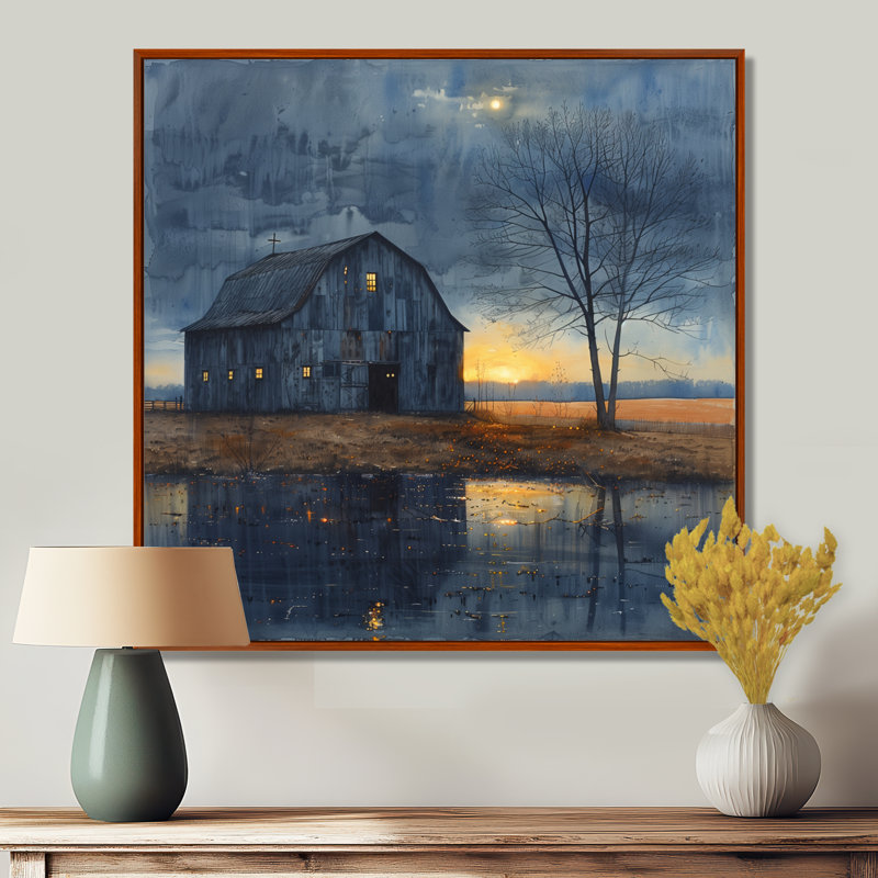 Winter Blue Barn Fading Light II - Barn Wall Decor, Brown Floater Framed, 36" H x 36" W