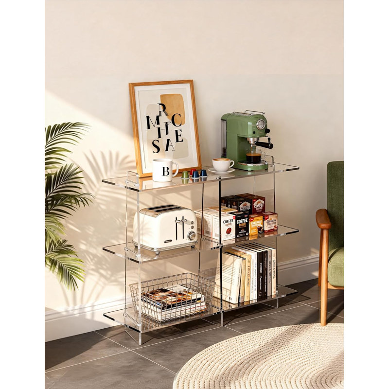 Bibliothèque Veliz en acrylique, bibliothèque à 3 niveaux pour petits espaces, console en acrylique pour hall d'entrée