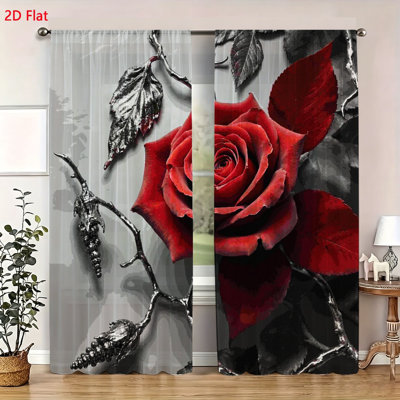 2 Pack Rose Flower Printed Window Curtains Elegant Red Floral Pattern Drapes Soft Fabric Modern Artistic Window Treatments for Living Room Bedroom Home Decor