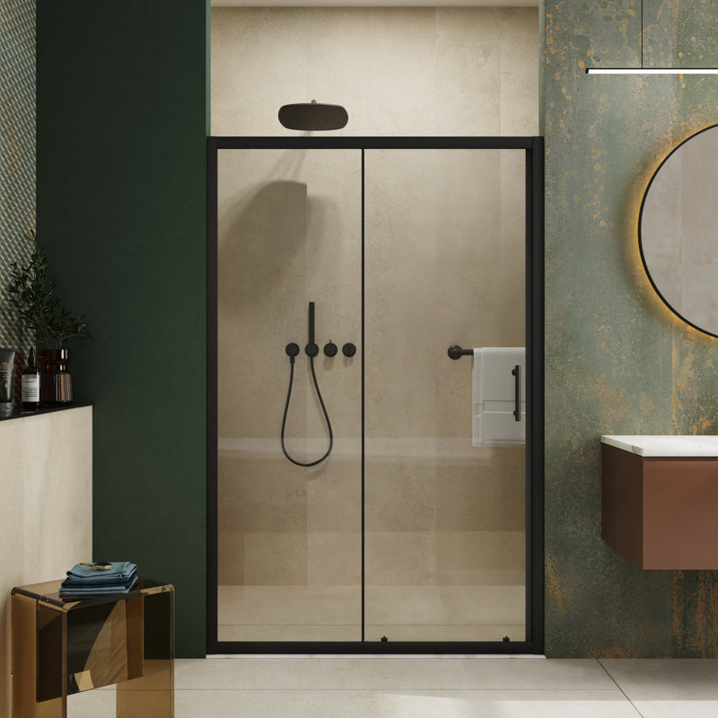 Porte de douche coulissante simple 72 po x H 48 po en verre trempé, poignée noire, réglable et réglable
