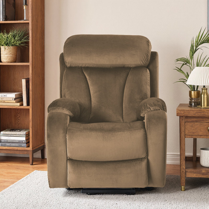 Power Lift Recliner for Seniors, 35" Snowflake Velvet, Remote, 330 lb, Side Pocket, Dark Green – Small-Space, Brown