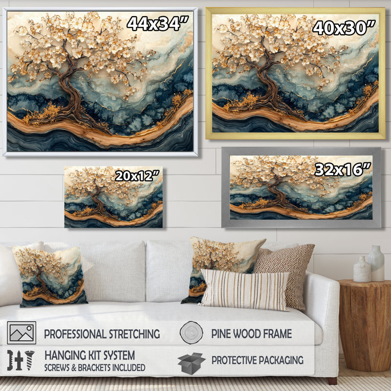 Fleur de cerisier doré, jardin d'hiver, beauté VI - art mural cerisier en fleurs, H 24 po x l 32 po, Cadre flottant