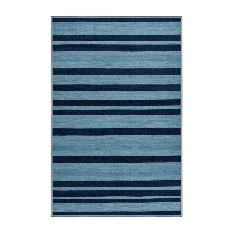 Tapis bleu à rayures horizontales lavable à la machine, Rectangle 5 pi x 7 pi