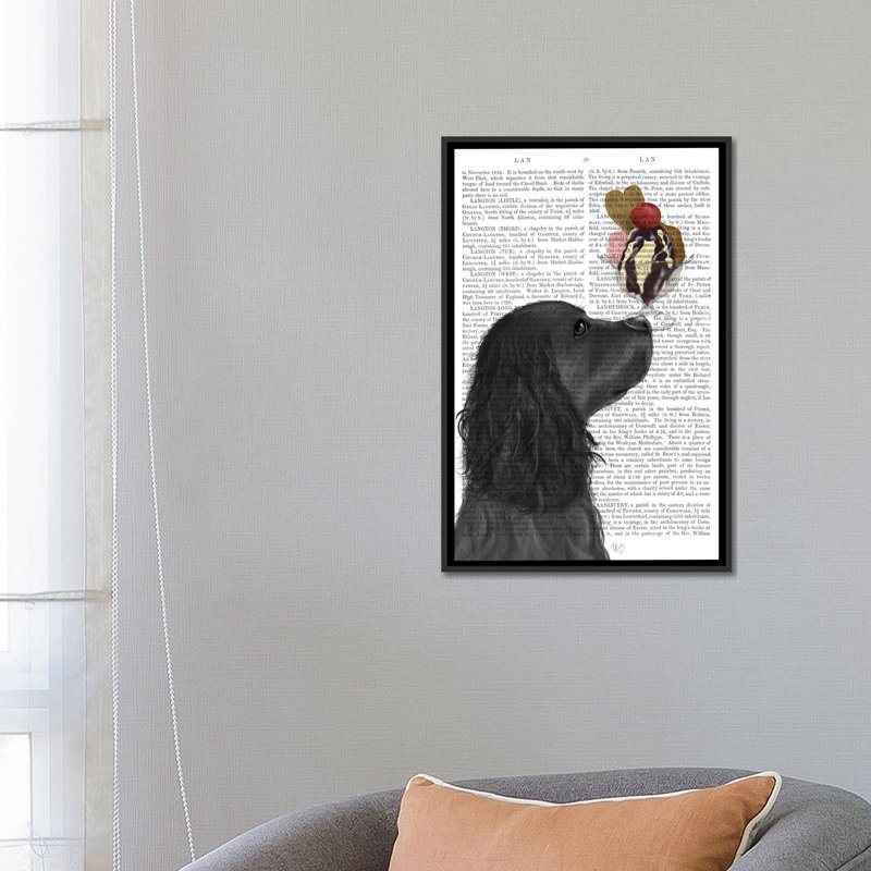 Cocker Spaniel Ice Cream sur fond imprimé par Fab Funky - impression sur toile tendue, Toile avec cadre noir, Pas de tapis