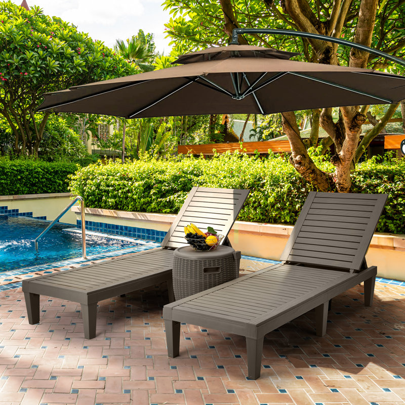 Alizay 74" Long Outdoor Resin Reclining Chaise Lounge, Taupe, 1