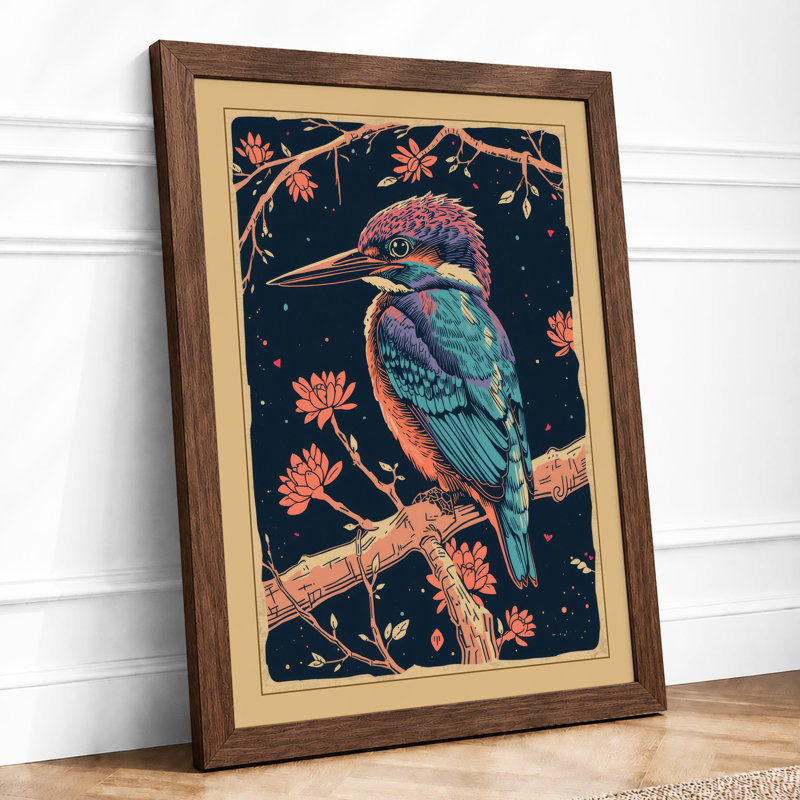 Kingfisher on Branch Botanical - Framed Print, A1 - 84.1 x 59.4 cm, Walnut
