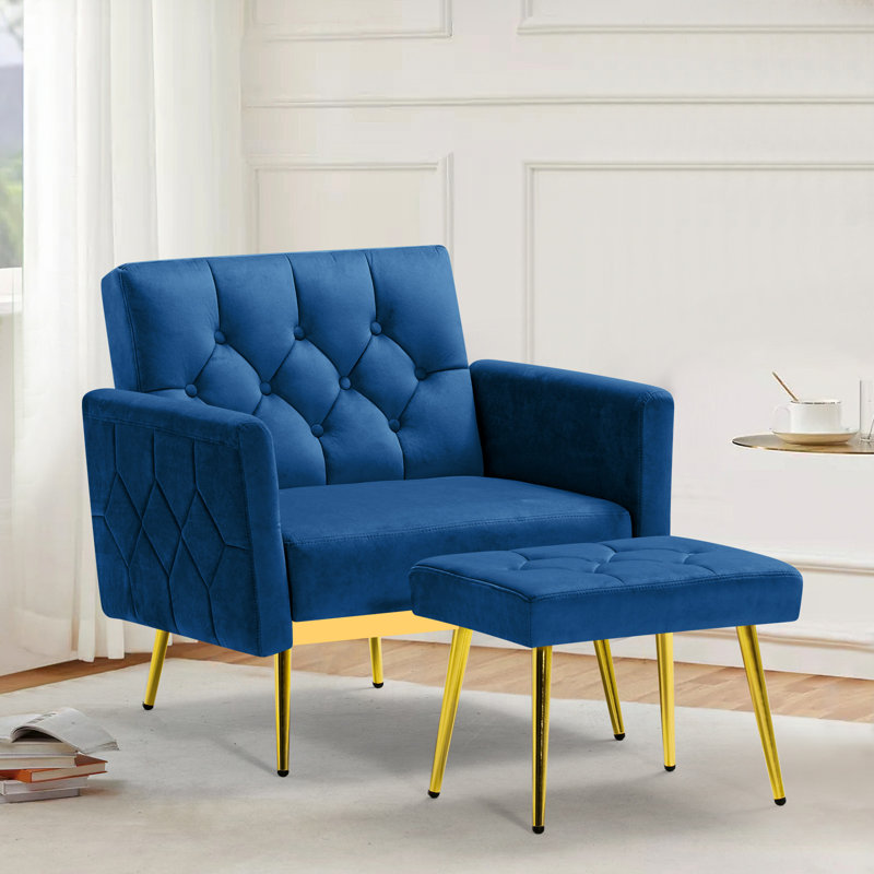 Zianny Velvet Accent Chair with Ottoman, Blue Velvet