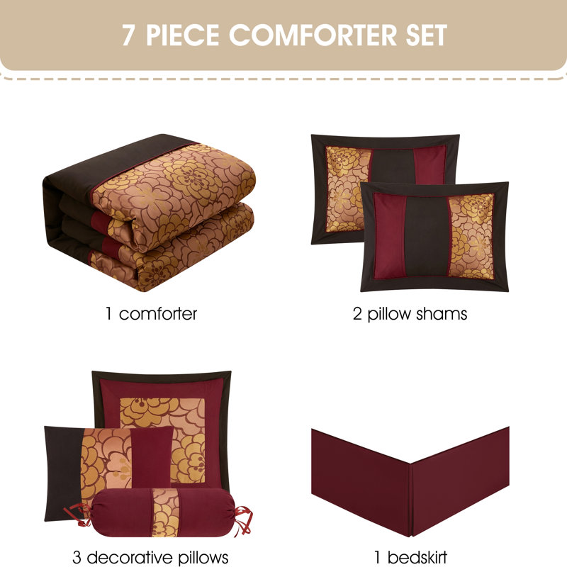 Sibyl 7 Piece Jacquard Comforter Set, Queen Comforter + 6 Additional Pieces, Black/Gold