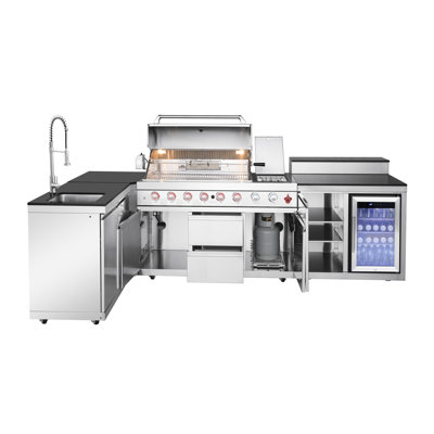 Îlot de cuisine en acier inoxydable pour barbecue à 6 brûleurs 99000 avec évier, rangement à double porte, réfrigérateur, armoire d'angle à trois niveaux, brûleurs à haute puissance, tiroirs spacieux, installation modulaire