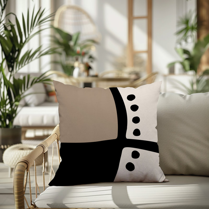 Oreiller carré réversible intérieur / extérieur Tobe Minimalist, H 15 po x l 15 po, Beige / noir / blanc cassé