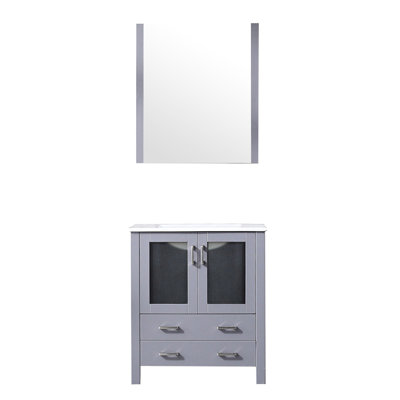 30 po Meuble-lavabo gris foncé, couche supérieure en céramique blanche, miroir mural rond de 28 po, fonctionnalité de fermeture en douceur, deux tiroirs et une armoire de salle de bain à largeur de rangement