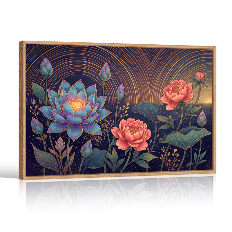 Art mural sur toile de lotus bleu et pivoines roses avec lignes ondulées dorées, 24"H x36"W