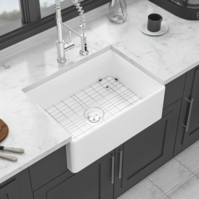 Blanc, 28 po, bol simple, céramique, évier de cuisine, ensemble de drain, grille inférieure, crépine, chaleur, évier de couleur blanche en céramique: avec acier inoxydable 304