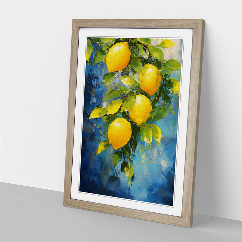 XYZ-FRM-V1223-4147 Lemon Fruit Impressionism No.3 - Single Picture Frame Print on Wood, 46cm H x 34cm W x 2cm D, Oak