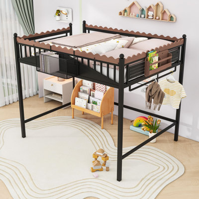 Metal Loft Bed with Built-In Shelves, Ladder and Guardrails