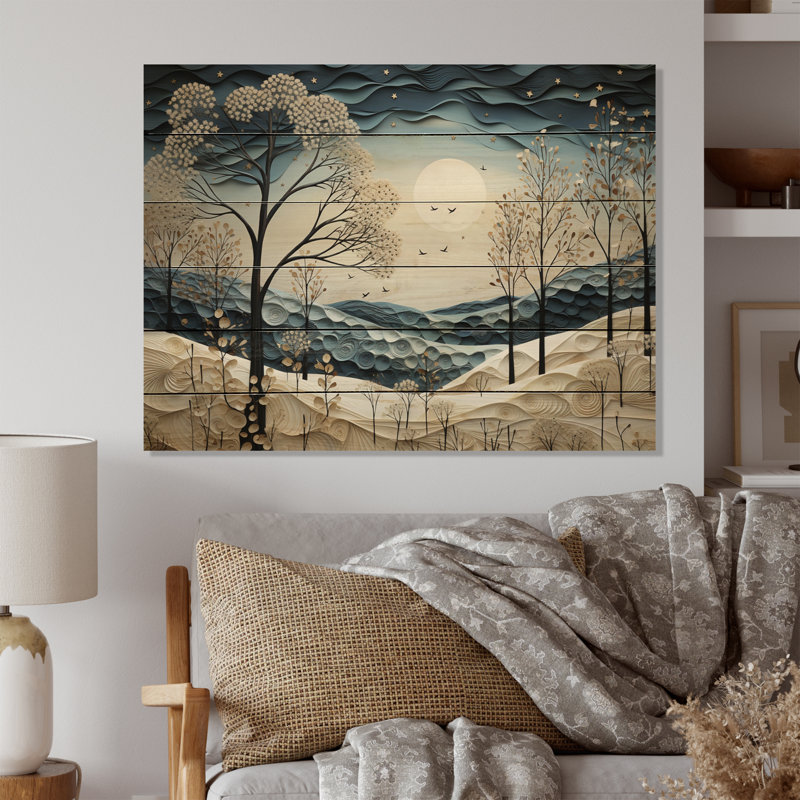 Pointillisme hivernal scandinave moderne bleu et blanc III sur bois, H 30 po x l 40 po x P 0,78 po