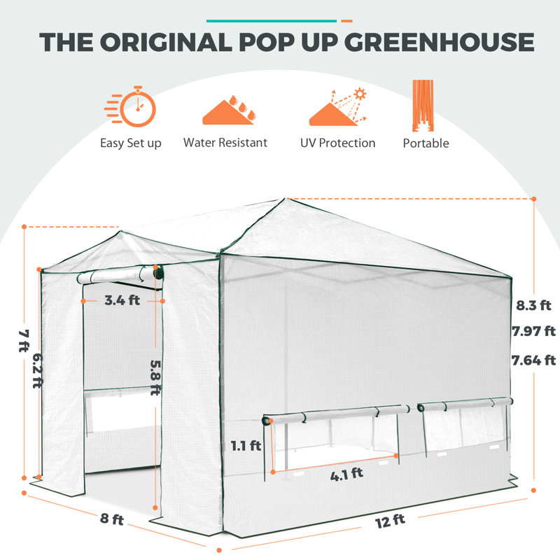 Eagle Peak 12x8 White Portable Walk-In Greenhouse with PE Cover