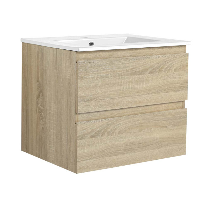 Ensemble de meuble-lavabo simple 24 po avec plateau en céramique Kimrie, Chêne clair, Blanc