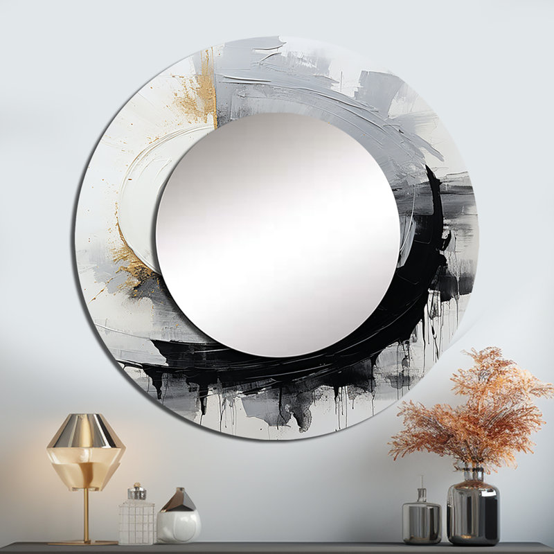 Sahand Zen Spiral II noir et blanc - abstrait spirales murales, miroir rond gris, impression d'art en métal, 36 po x 36 po