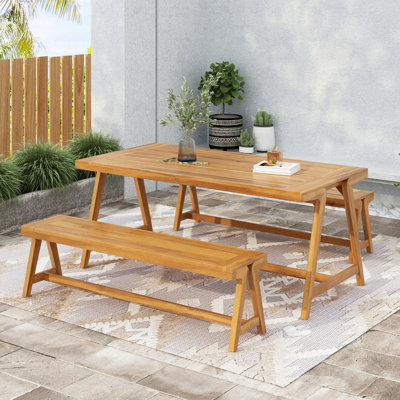 Ensemble de table de pique-nique d'extérieur 3 pièces, ensemble de salle à manger de patio contemporain en bois d'acacia avec bancs - toutes saisons et compact pour balcon, terrasse, camping