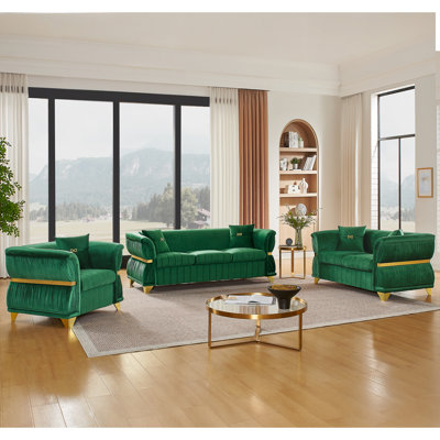 Ensemble de canapé moderne en velours 3 pièces pour le salon, ensemble de canapé rembourré avec garniture en métal doré, pieds fuselés et accoudoirs courbés, y compris fauteuil, causeuse et canapé 3 places, vert émeraude