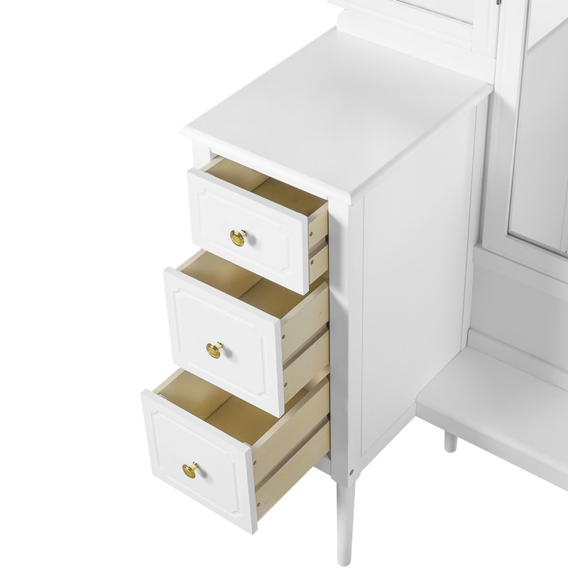 Bureau de maquillage blanc triple triple miroir avec 6 tiroirs, tabouret de siège moelleux et pleine longueur pour coiffeuse de chambre à coucher - Rangement de tiroir, espace
