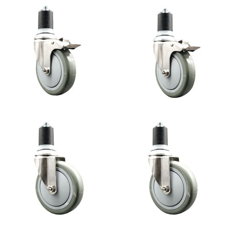 Poly Swivel Expanding Stem Caster Set with 2 Lock Brake, 5" H x 5" W, Gray
