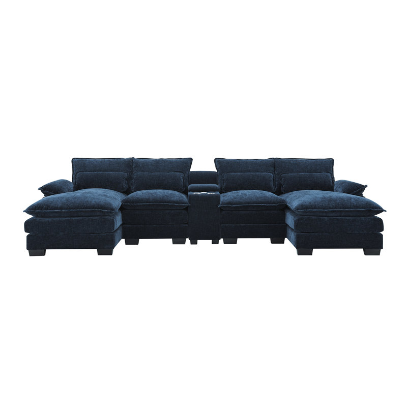 Canapé modulaire rembourré en U avec méridienne Clidie, Chenille bleu