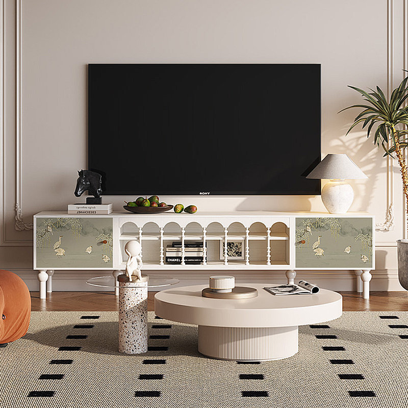 Meuble télé avec rangement peint français rétro, H 21,26 po x L 86,61 po x l 15,75 po, Blanc
