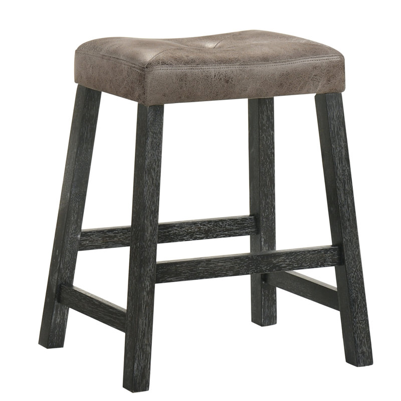 Tabouret de 25 pouces de style rustique sans dossier de 2 avec siège en cuir brun, structure en bois massif, espace pour les barres de petit-déjeuner et les cuisines, comptoir en bois au look patiné, îlots de cuisine confortables